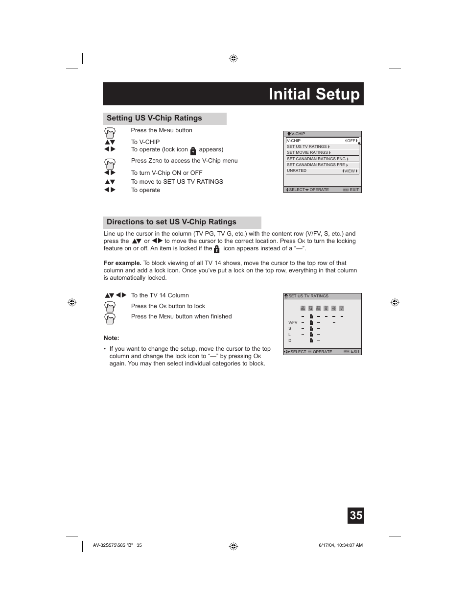 Initial setup, Directions to set us v-chip ratings, Setting us v-chip ratings | JVC LCT1638-001B-A User Manual | Page 35 / 64