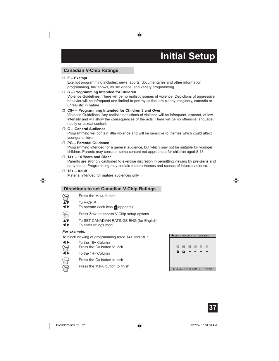 Initial setup, Directions to set canadian v-chip ratings, Canadian v-chip ratings | JVC LCT1638-001B-A User Manual | Page 37 / 64
