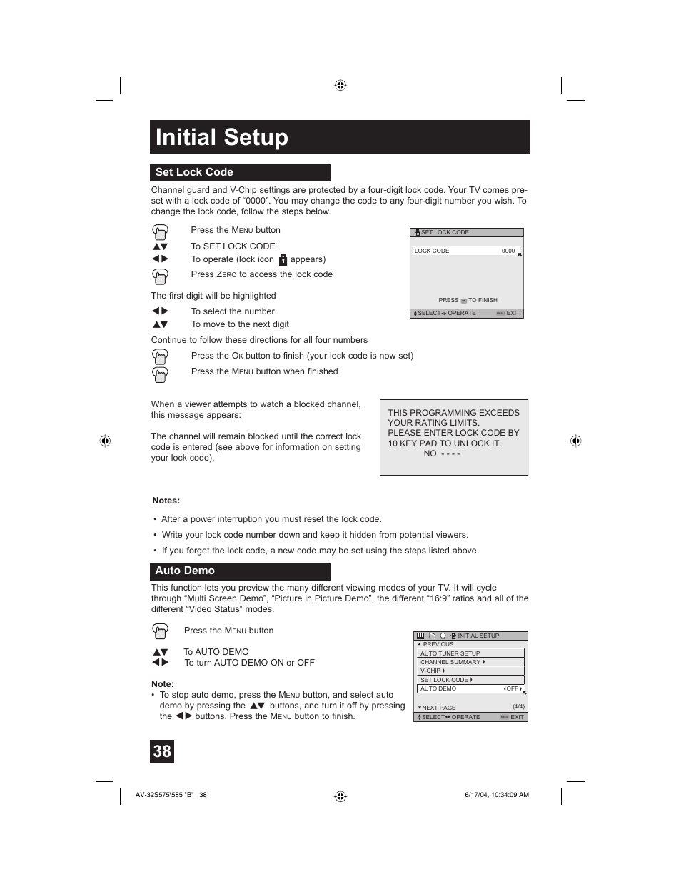 Initial setup, Set lock code, Auto demo | JVC LCT1638-001B-A User Manual | Page 38 / 64