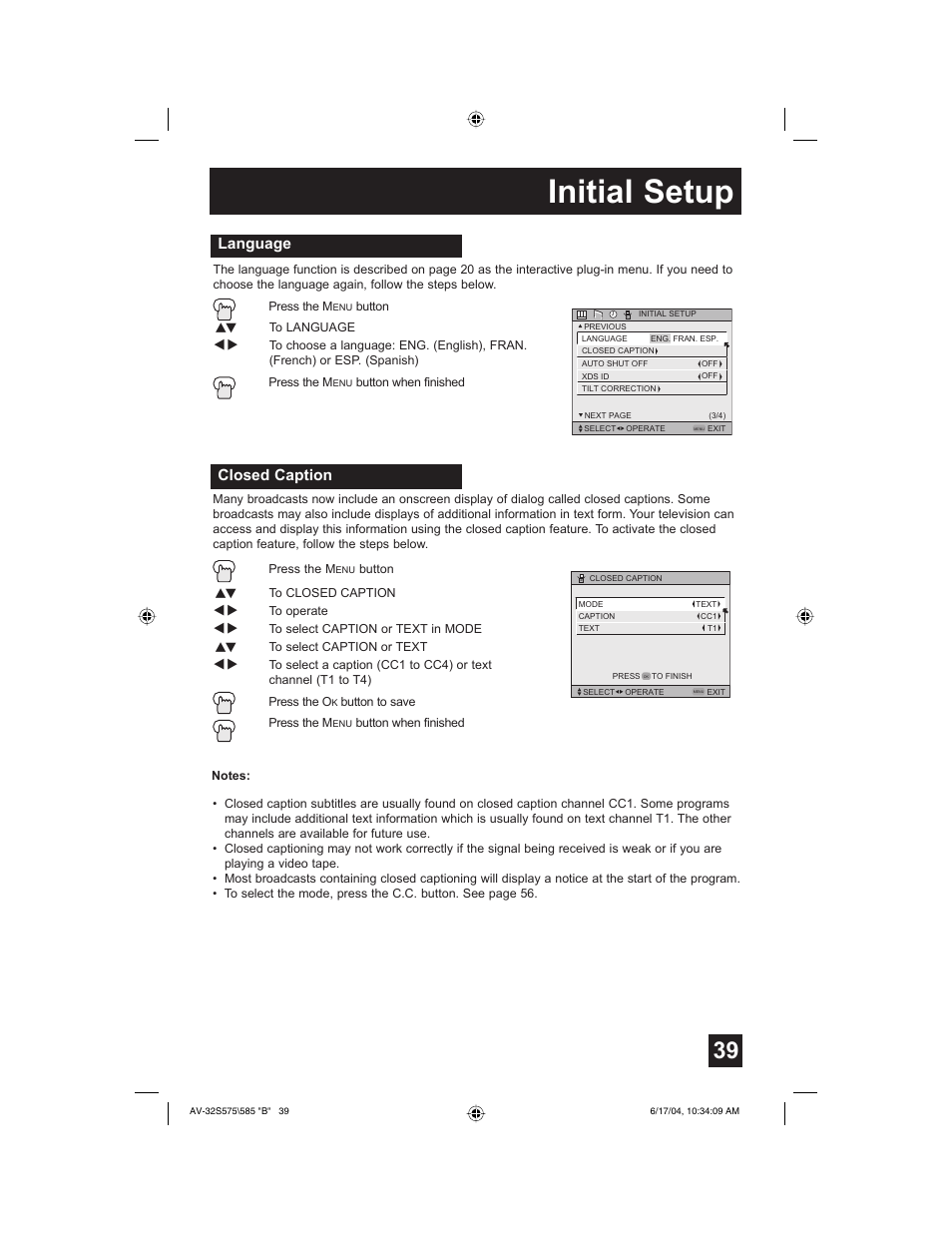 Initial setup, Language, Closed caption | JVC LCT1638-001B-A User Manual | Page 39 / 64