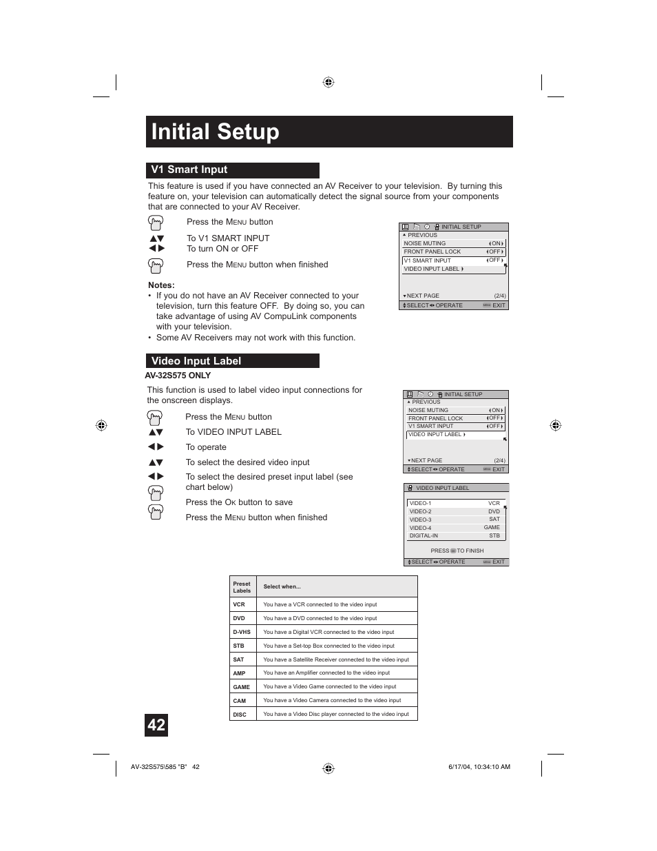Initial setup, V1 smart input, Video input label | JVC LCT1638-001B-A User Manual | Page 42 / 64