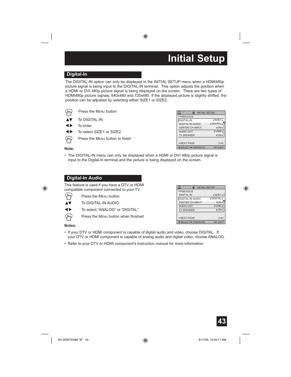 Initial setup, Digital-in, Digital-in audio | JVC LCT1638-001B-A User Manual | Page 43 / 64