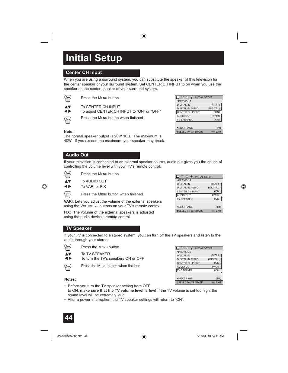 Initial setup, Audio out, Center ch input | Tv speaker | JVC LCT1638-001B-A User Manual | Page 44 / 64