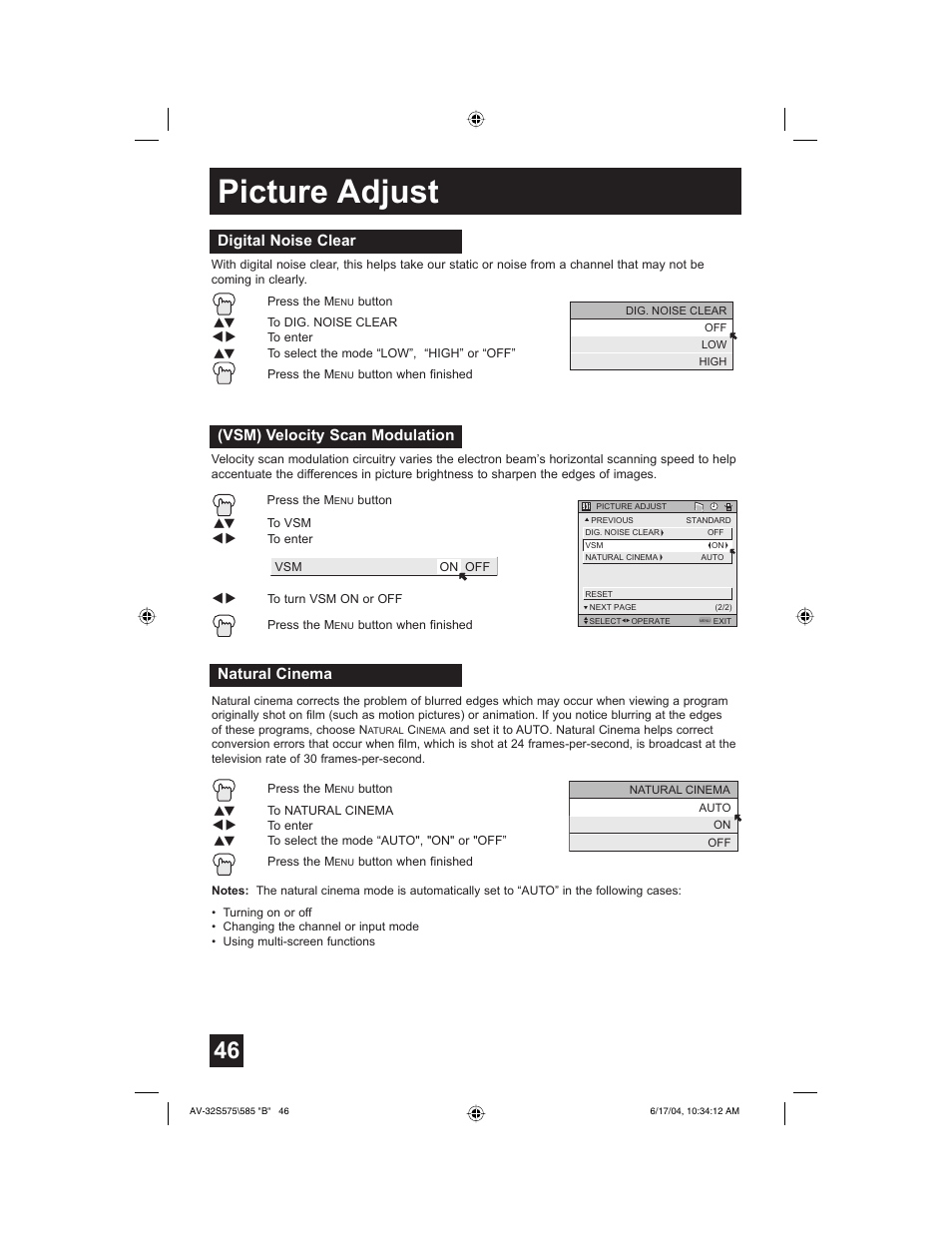 Picture adjust, Vsm) velocity scan modulation, Digital noise clear | Natural cinema | JVC LCT1638-001B-A User Manual | Page 46 / 64