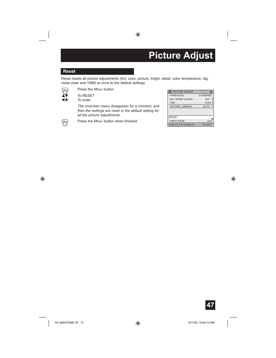 Picture adjust, Reset | JVC LCT1638-001B-A User Manual | Page 47 / 64