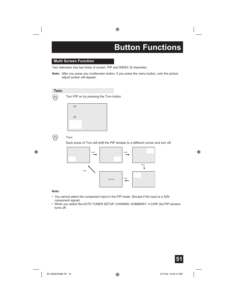 Button functions, Multi screen function, Twin | JVC LCT1638-001B-A User Manual | Page 51 / 64