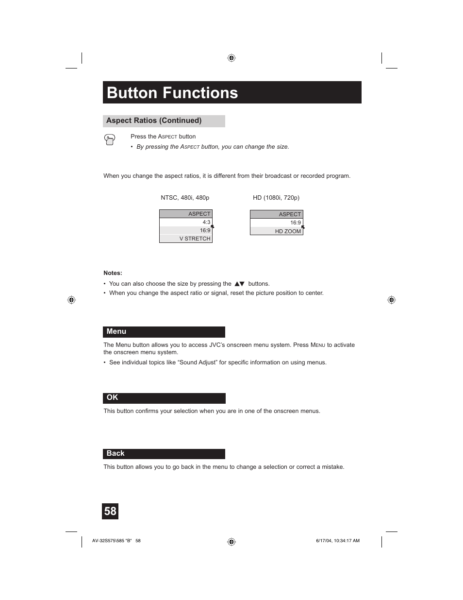 Button functions | JVC LCT1638-001B-A User Manual | Page 58 / 64