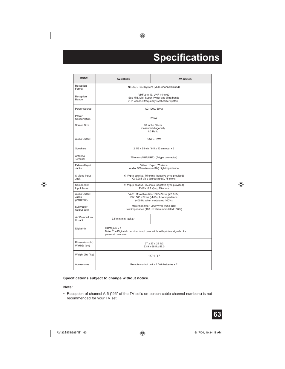 Specifications | JVC LCT1638-001B-A User Manual | Page 63 / 64
