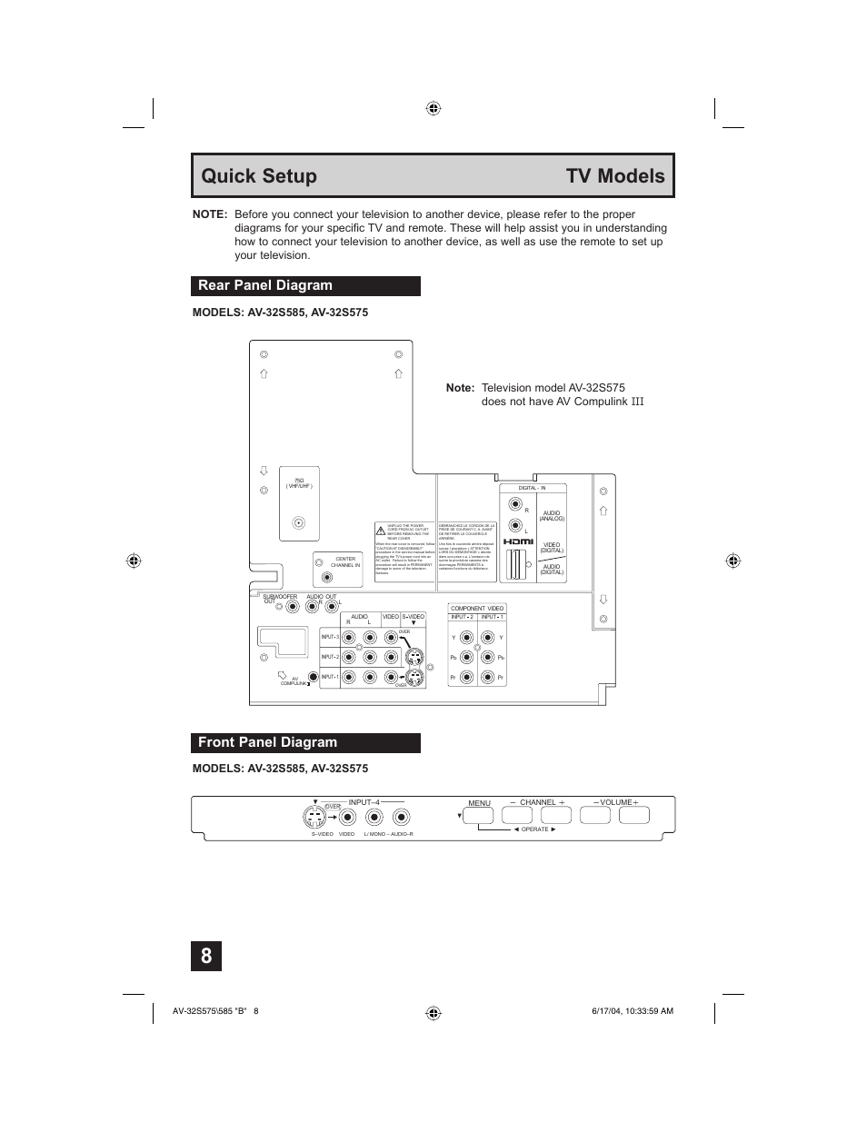 Quick setup tv models, Rear panel diagram, Front panel diagram | JVC LCT1638-001B-A User Manual | Page 8 / 64