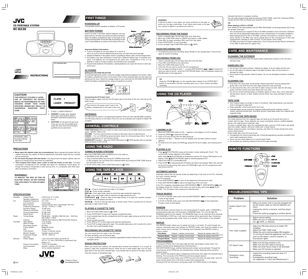 JVC RC-BX30 User Manual | 1 page