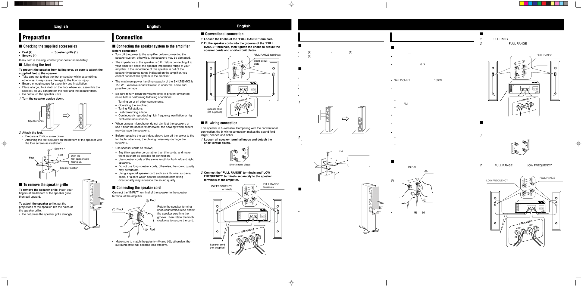 Preparation, Connection, Conventional connection | Bi-wiring connection, Checking the supplied accessories, Attaching the feet, English, Connecting the speaker system to the amplifier, Connecting the speaker cord | JVC SX-LT55MK2 User Manual | Page 2 / 2