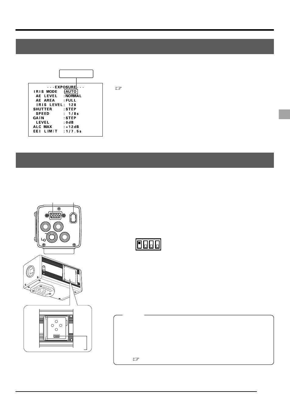 Settings and adjustments for shooting, Lens settings, Monitor adjustment | On off 1 2 3 4 | JVC KY-F1030U User Manual | Page 25 / 148