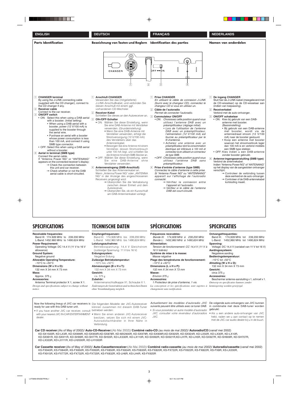 Technische daten, Spécifications, Specifications | Specificaties | JVC KT-DB1000 User Manual | Page 3 / 4