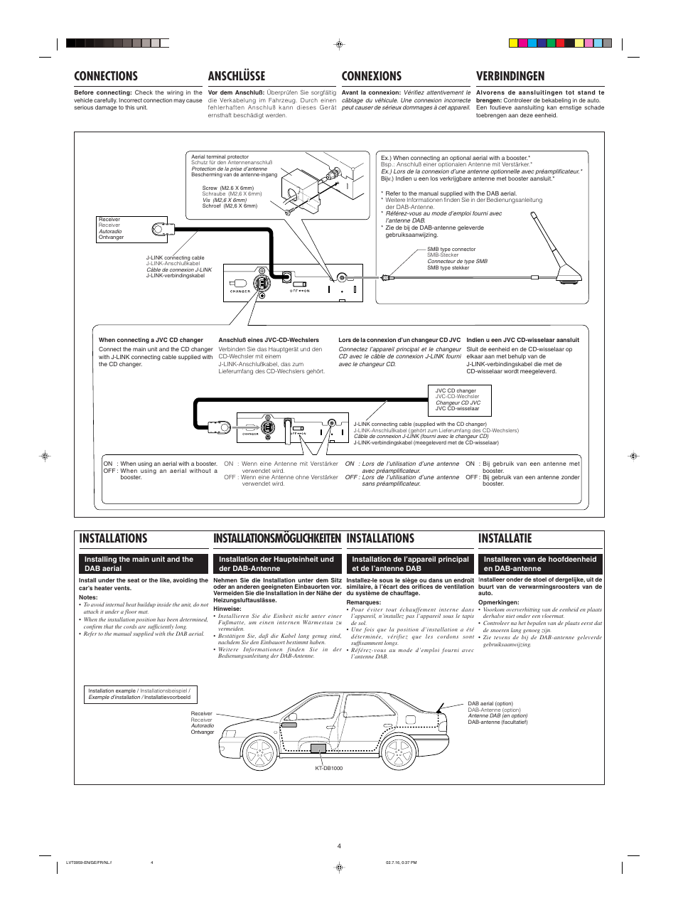 Anschlusse, Installationsmoglichkeiten, Anschlüsse | Connexions, Verbindingen, Connections | JVC KT-DB1000 User Manual | Page 4 / 4