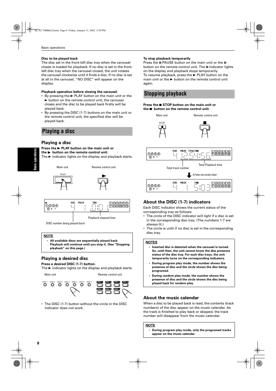 Stopping playback, Playing a disc, Playing a desired disc | About the disc (1-7) indicators, About the music calendar | JVC XL-FZ700 User Manual | Page 10 / 39