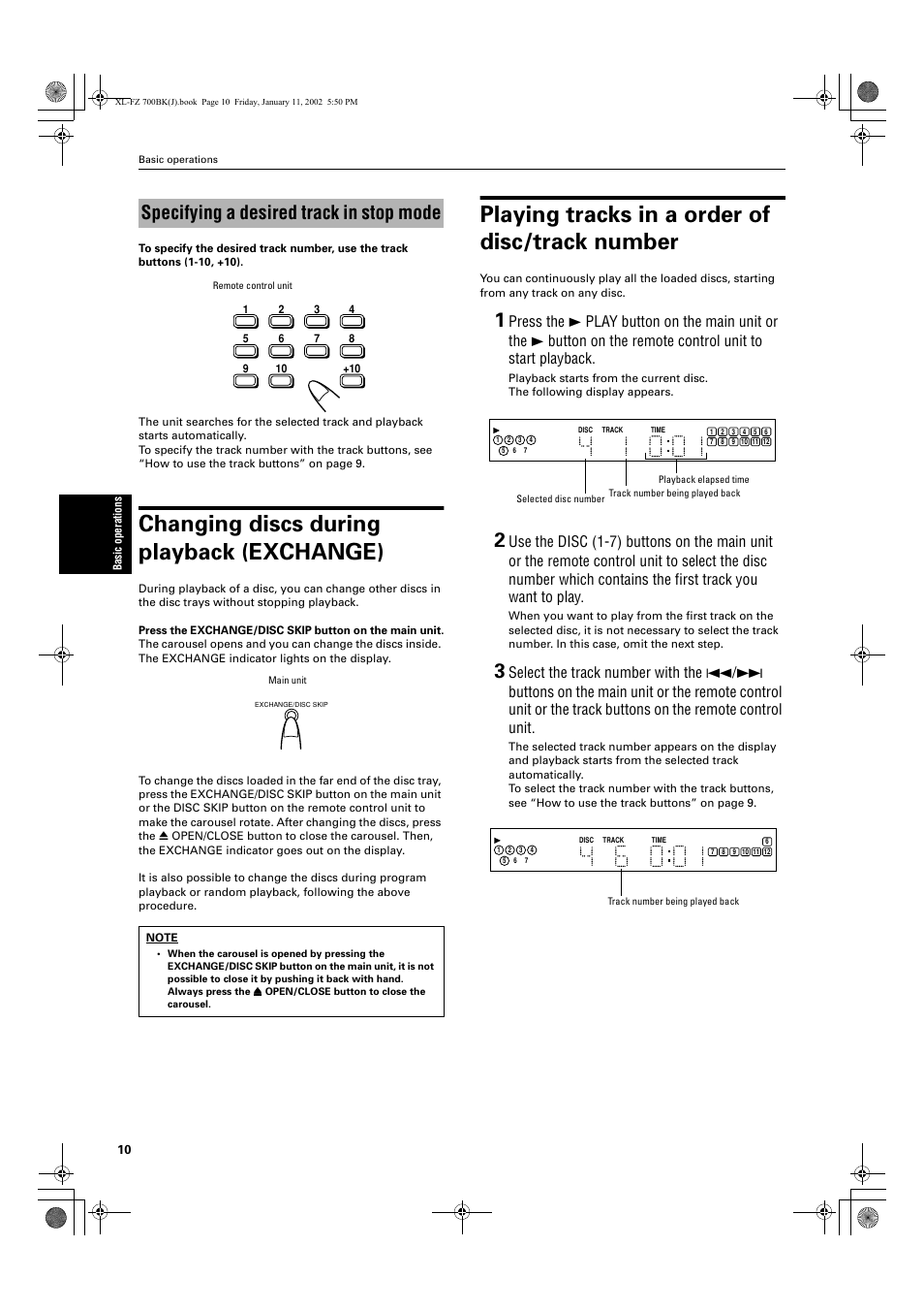 Changing discs during playback (exchange), Playing tracks in a order of disc/track number, Specifying a desired track in stop mode | JVC XL-FZ700 User Manual | Page 12 / 39