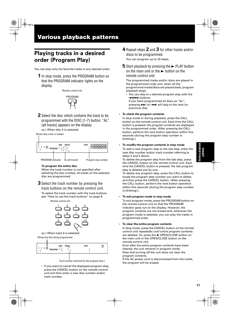 Various playback patterns, Repeat steps, For other tracks and/or discs to be programmed | JVC XL-FZ700 User Manual | Page 13 / 39