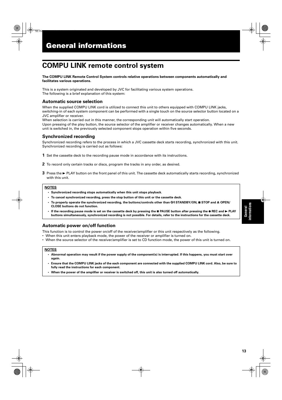 General informations, Automatic source selection, Synchronized recording | Automatic power on/off function | JVC XL-FZ700 User Manual | Page 15 / 39