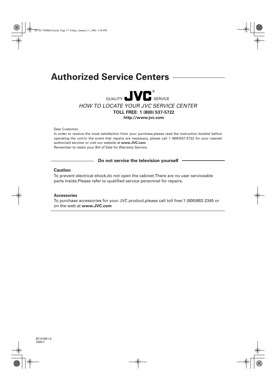 Authorized service centers, How to locate your jvc service center | JVC XL-FZ700 User Manual | Page 18 / 39