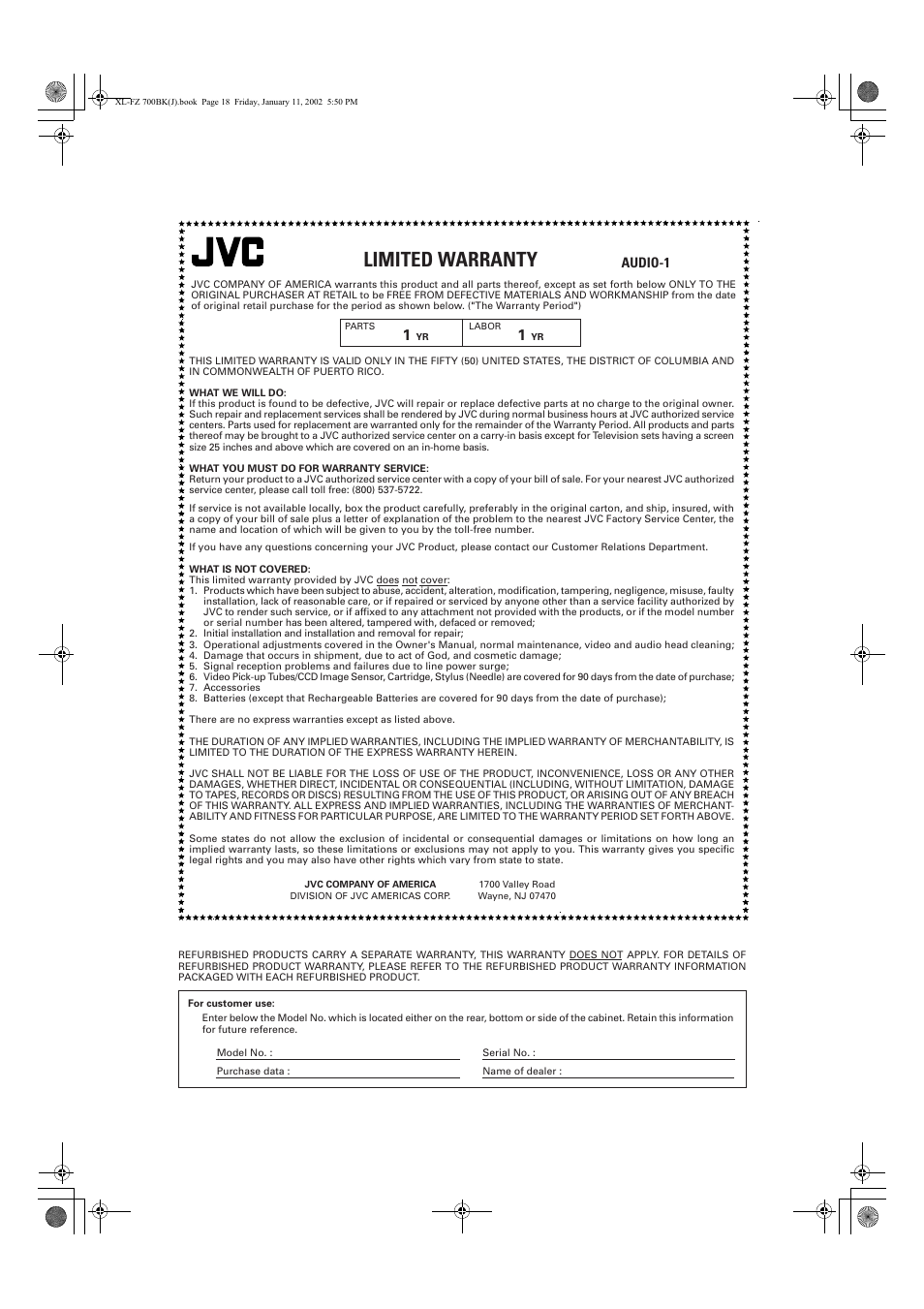 Limited warranty, Audio-1 | JVC XL-FZ700 User Manual | Page 19 / 39