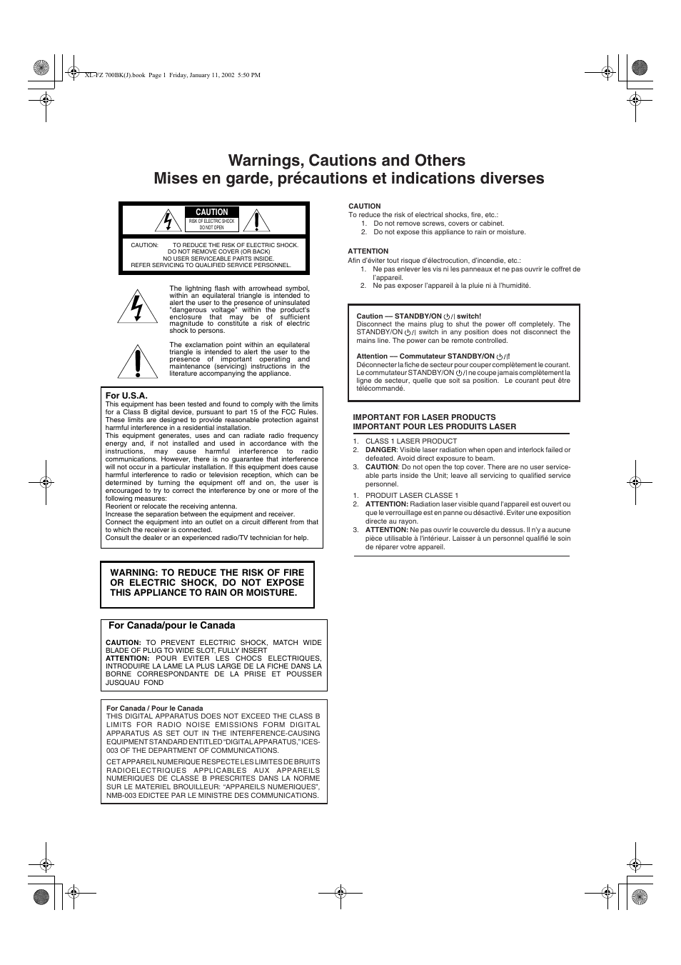Warnings, cautions and others | JVC XL-FZ700 User Manual | Page 2 / 39