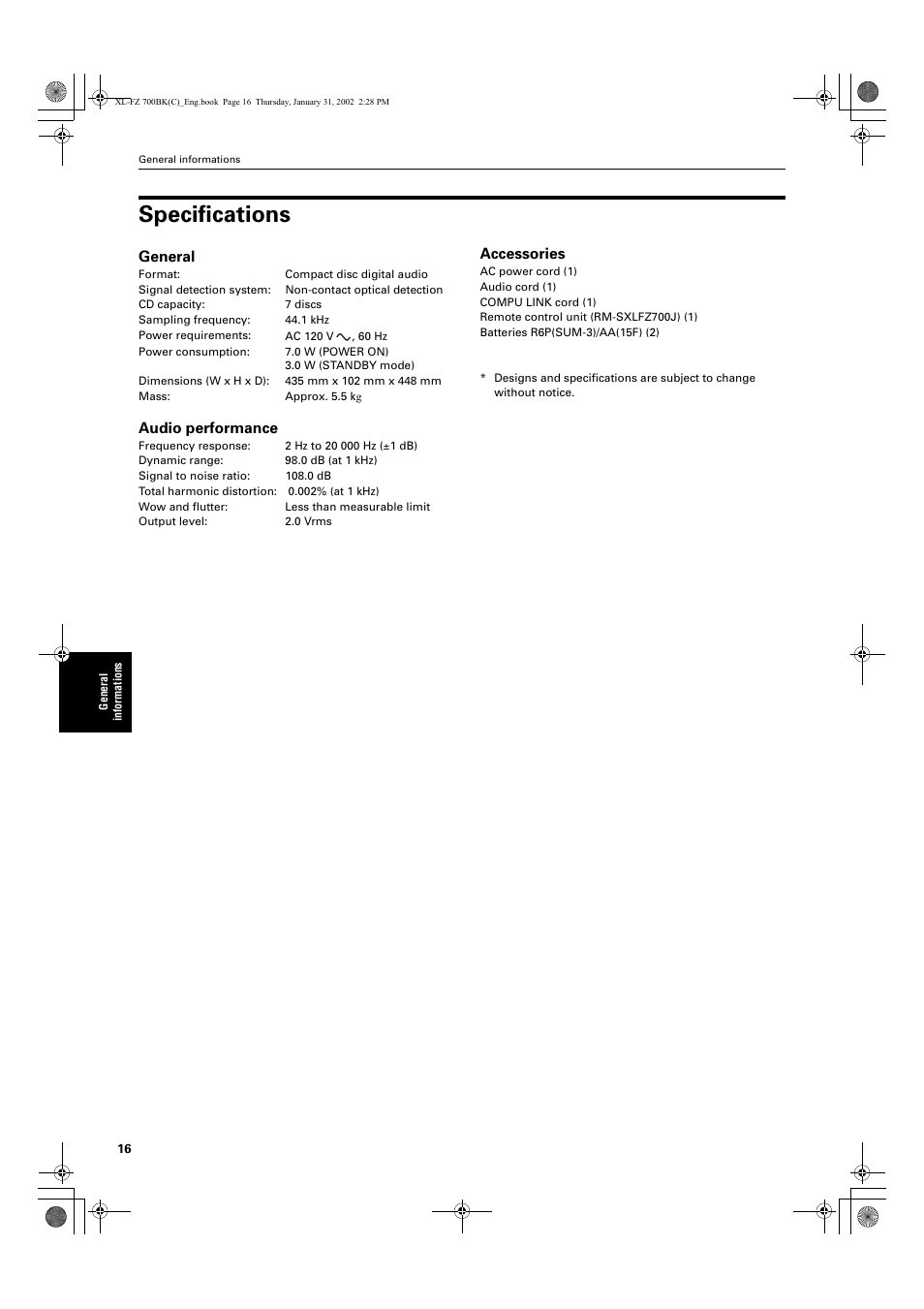 Specifications, General, Audio performance | Accessories | JVC XL-FZ700 User Manual | Page 38 / 39