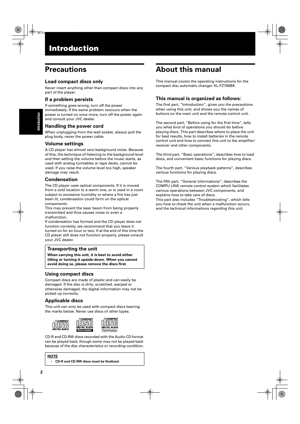 Introduction, Introduction precautions, About this manual | JVC XL-FZ700 User Manual | Page 4 / 39