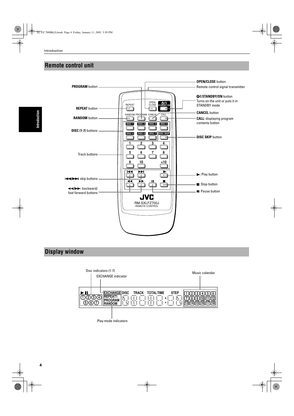 Remote control unit, Display window | JVC XL-FZ700 User Manual | Page 6 / 39