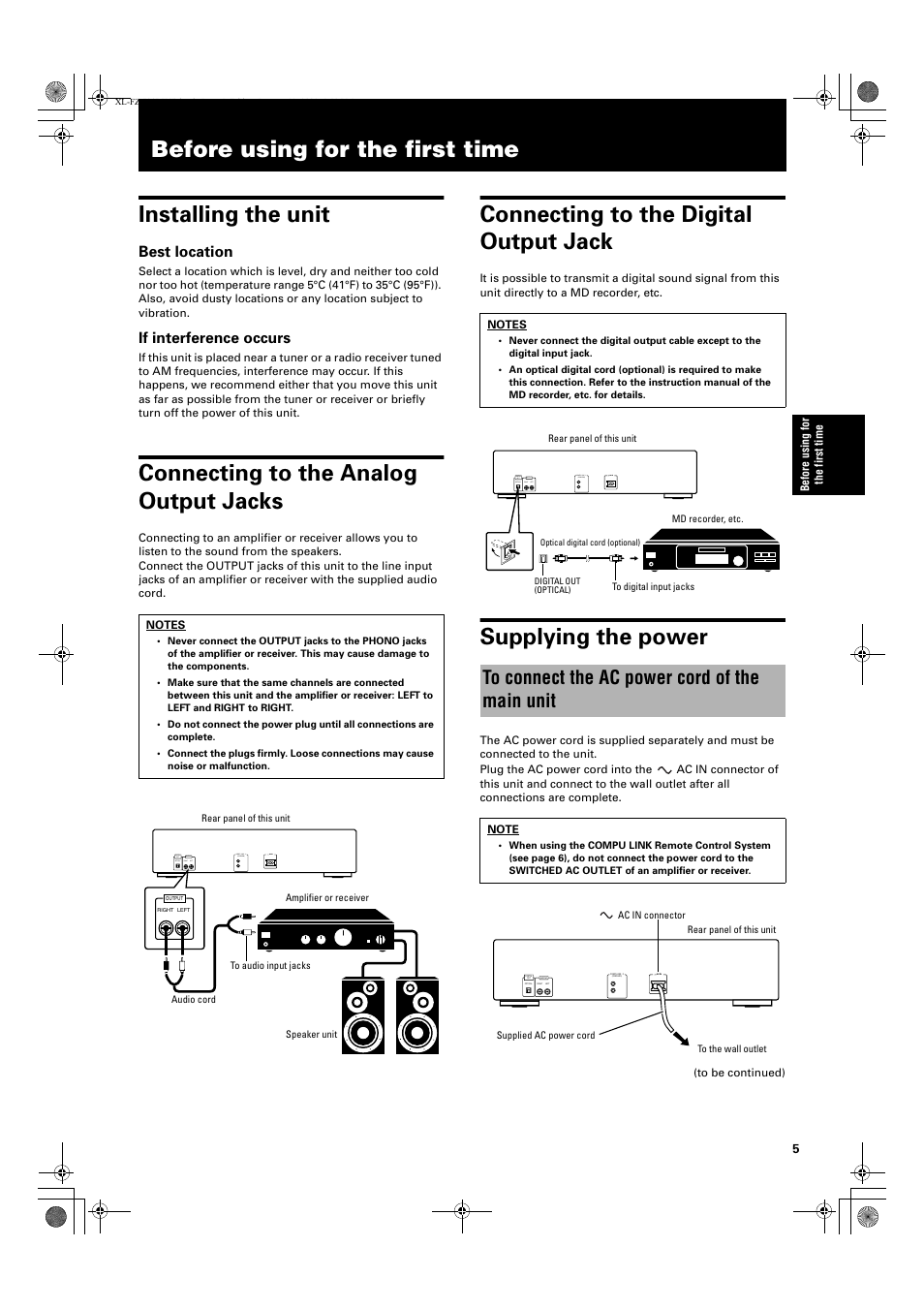 Before using for the first time, Connecting to the analog output jacks, Connecting to the digital output jack | Supplying the power, Best location, If interference occurs | JVC XL-FZ700 User Manual | Page 7 / 39