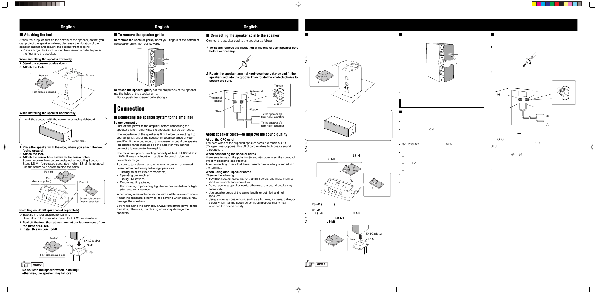 Connection, Attaching the feet, Connecting the speaker cord to the speaker | About speaker cords—to improve the sound quality, English, Connecting the speaker system to the amplifier | JVC SX-LC33MK2 User Manual | Page 2 / 2