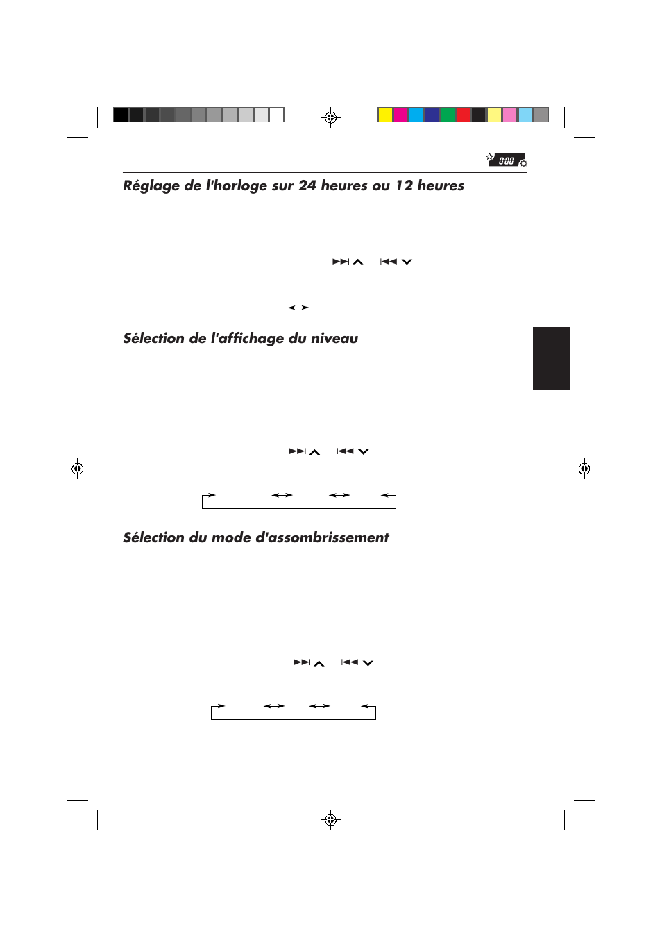 Réglage de l'horloge sur 24 heures ou 12 heures, Sélection de l'affichage du niveau, Sélection du mode d'assombrissement | JVC KD-MX2800R User Manual | Page 133 / 202