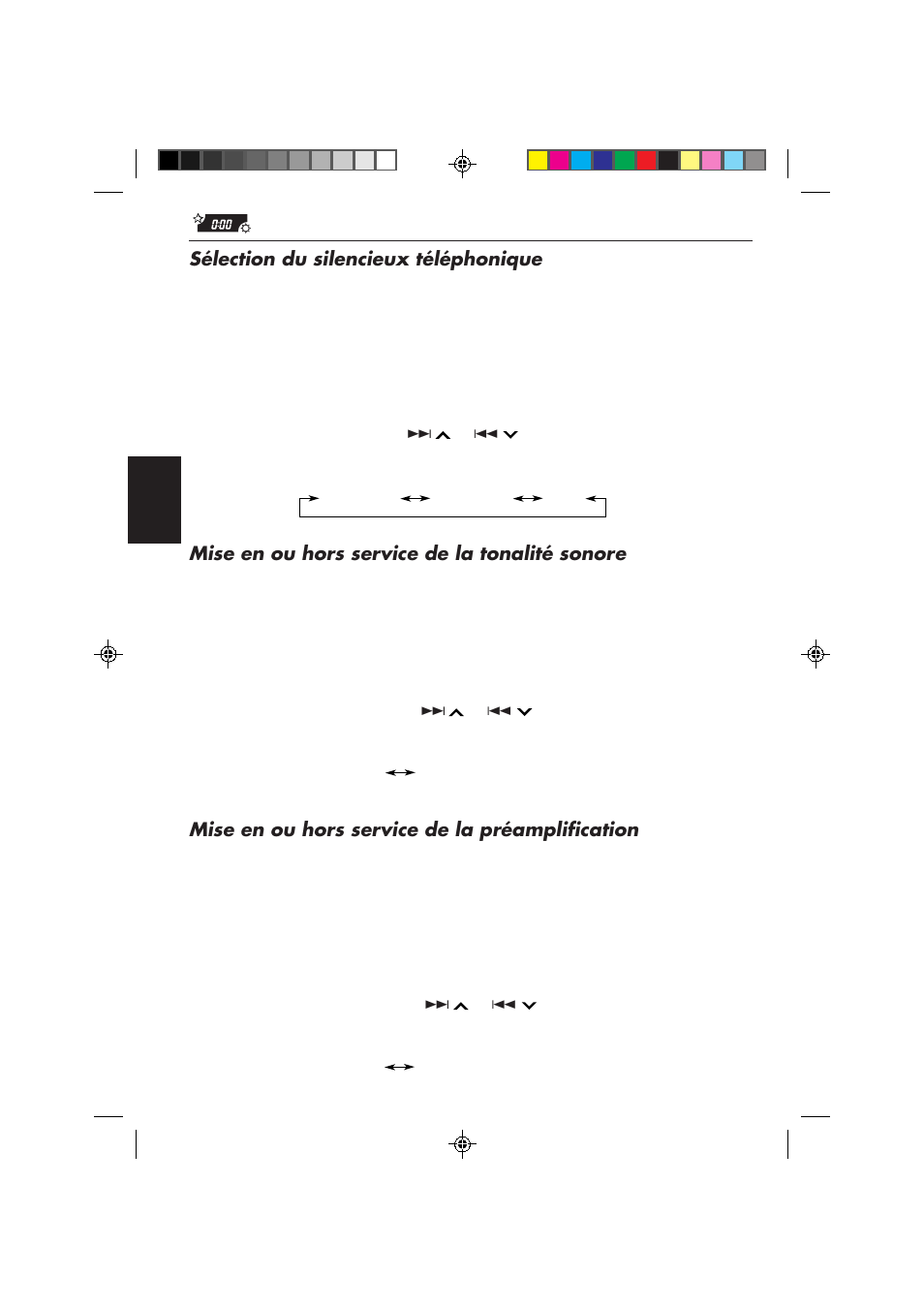 Sélection du silencieux téléphonique, Mise en ou hors service de la tonalité sonore, Mise en ou hors service de la préamplification | JVC KD-MX2800R User Manual | Page 136 / 202
