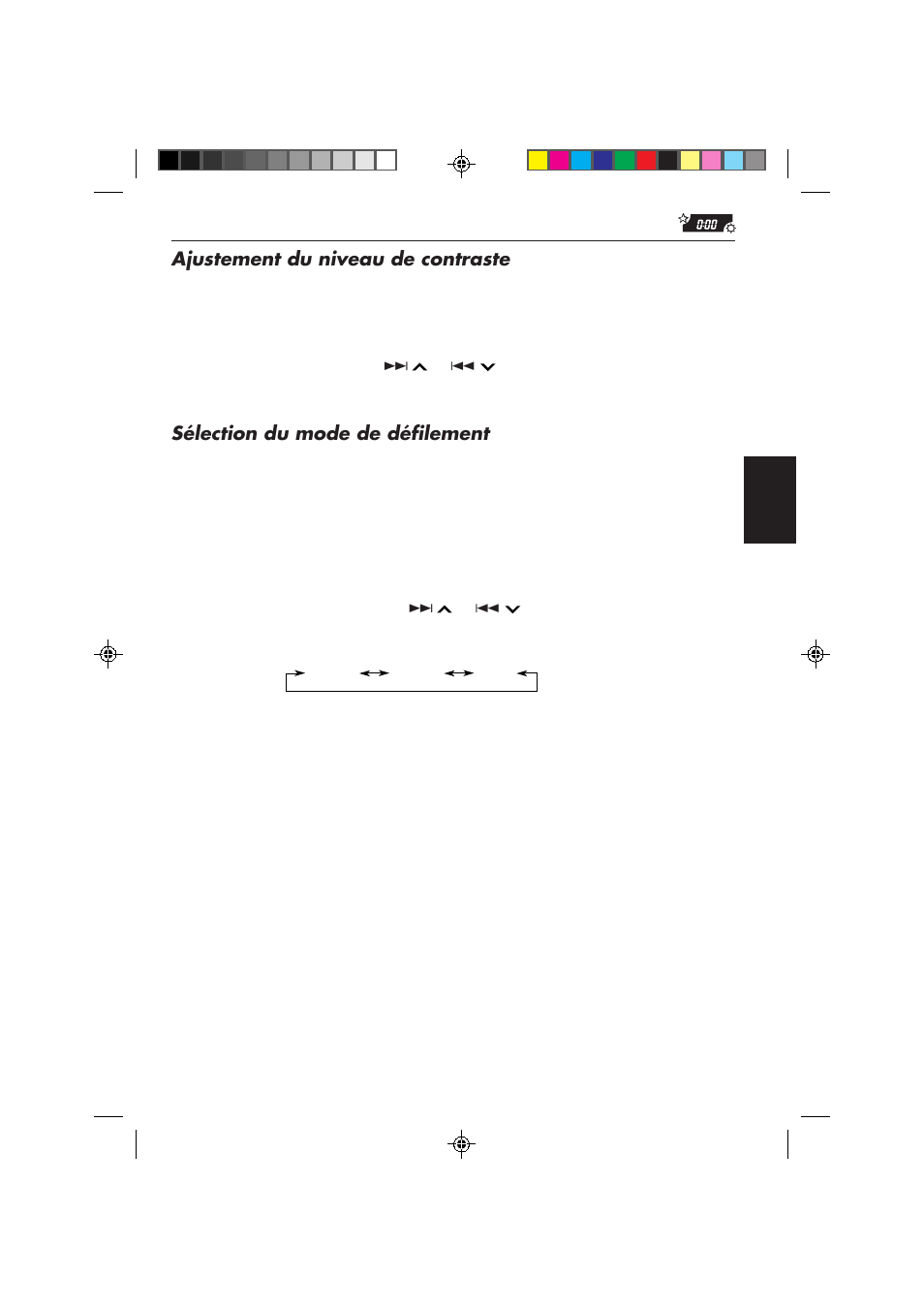 Ajustement du niveau de contraste, Sélection du mode de défilement | JVC KD-MX2800R User Manual | Page 137 / 202