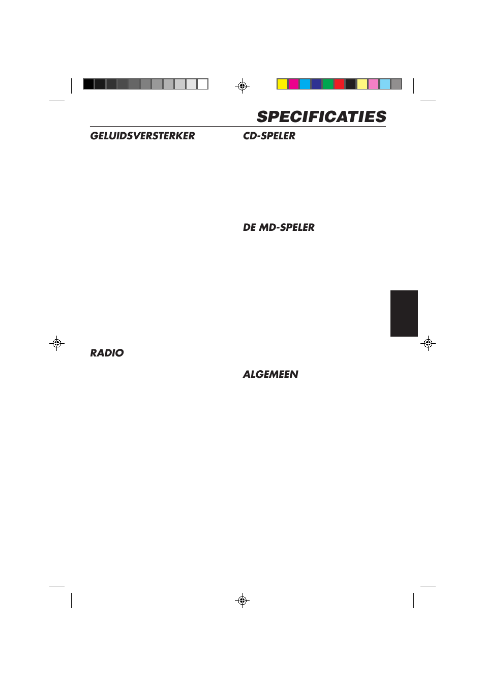 Specificaties, Geluidsversterker, Radio | Cd-speler, De md-speler, Algemeen | JVC KD-MX2800R User Manual | Page 201 / 202