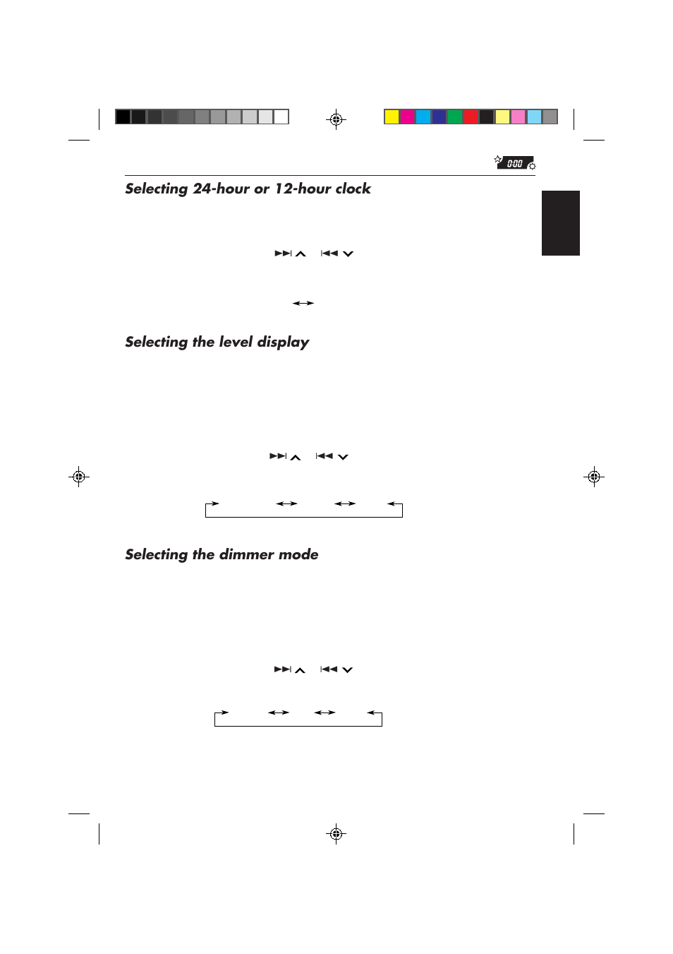Selecting 24-hour or 12-hour clock, Selecting the level display, Selecting the dimmer mode | JVC KD-MX2800R User Manual | Page 33 / 202