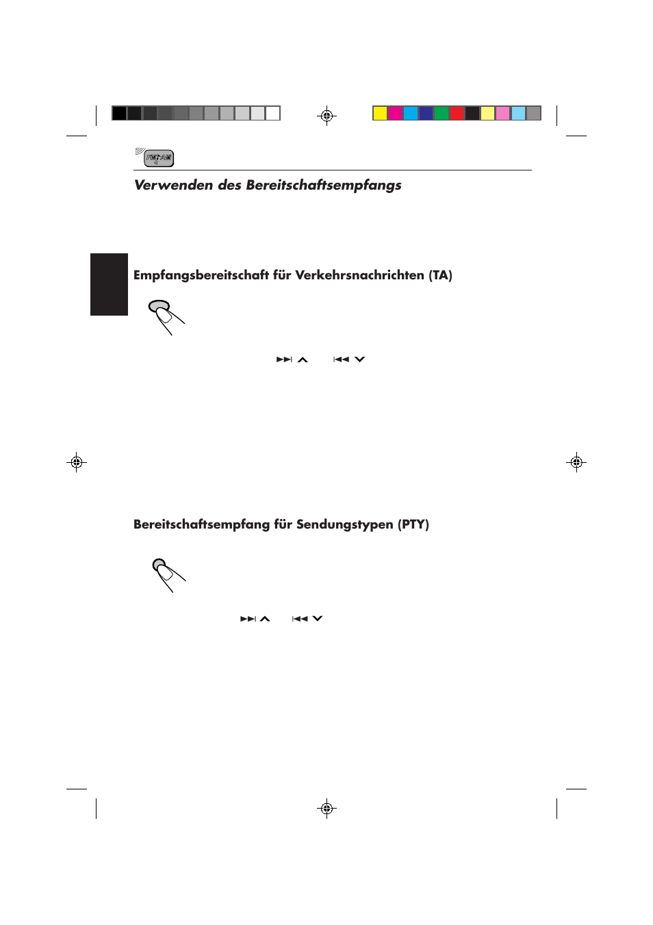 Verwenden des bereitschaftsempfangs, Empfangsbereitschaft für verkehrsnachrichten (ta), Bereitschaftsempfang für sendungstypen (pty) | JVC KD-MX2800R User Manual | Page 62 / 202