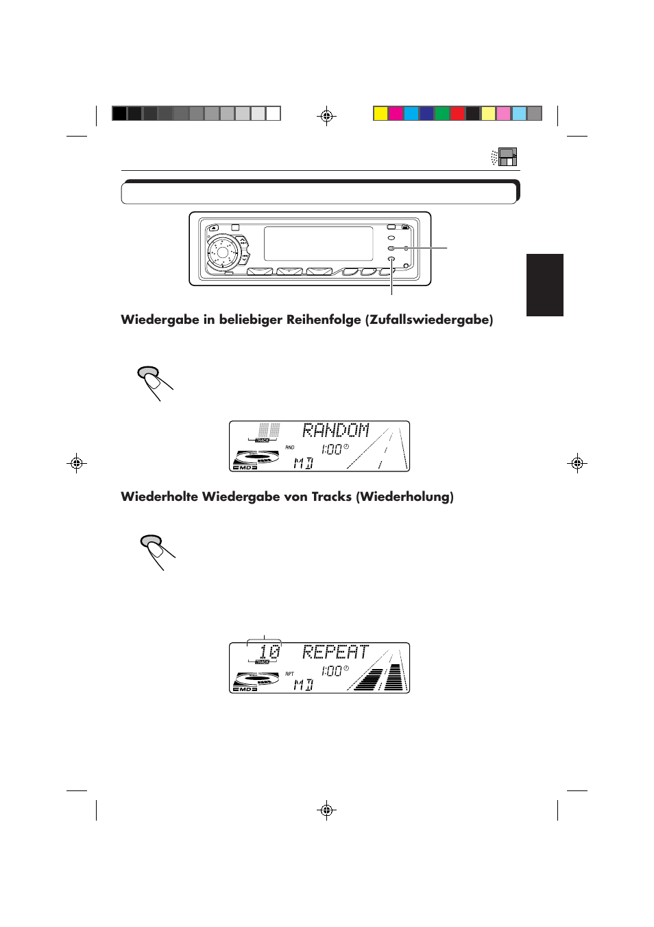 Wählen der md-abspielbetriebsarten, Wiederholte wiedergabe von tracks (wiederholung) | JVC KD-MX2800R User Manual | Page 75 / 202