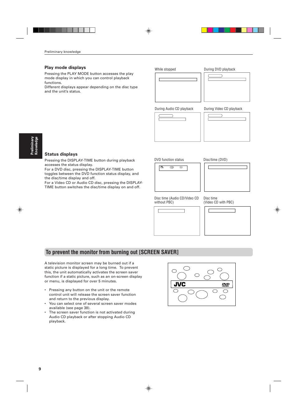 Play mode displays, Status displays | JVC XV-M555BK User Manual | Page 12 / 48