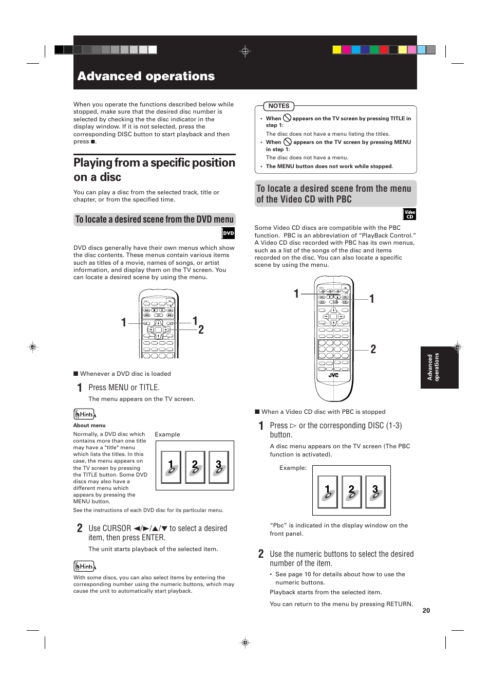 Advanced operations, Playing from a specific position on a disc, Press menu or title | Press # or the corresponding disc (1-3) button | JVC XV-M555BK User Manual | Page 23 / 48