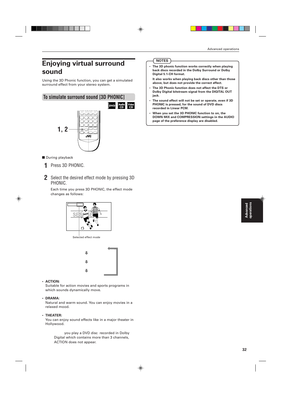 Enjoying virtual surround sound, Press 3d phonic | JVC XV-M555BK User Manual | Page 35 / 48