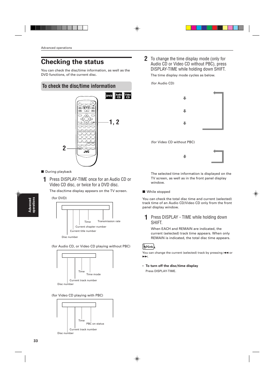 Checking the status, Press display - time while holding down shift | JVC XV-M555BK User Manual | Page 36 / 48