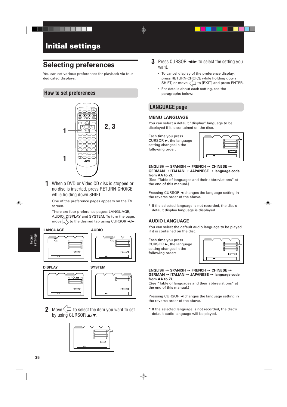 Selecting preferences, Language page, How to set preferences | Press cursor 2/3 to select the setting you want, Menu language, Audio language, Initial settings, Language, Audio display system | JVC XV-M555BK User Manual | Page 38 / 48