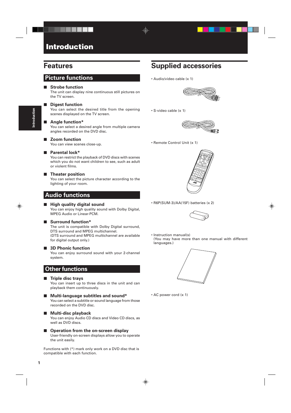 Features, Supplied accessories, Introduction | Picture functions, Audio functions, Other functions | JVC XV-M555BK User Manual | Page 4 / 48