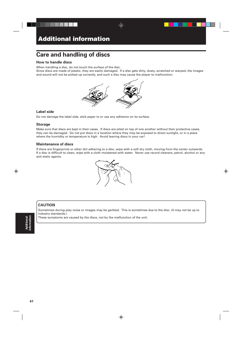 Additional information, Care and handling of discs | JVC XV-M555BK User Manual | Page 44 / 48