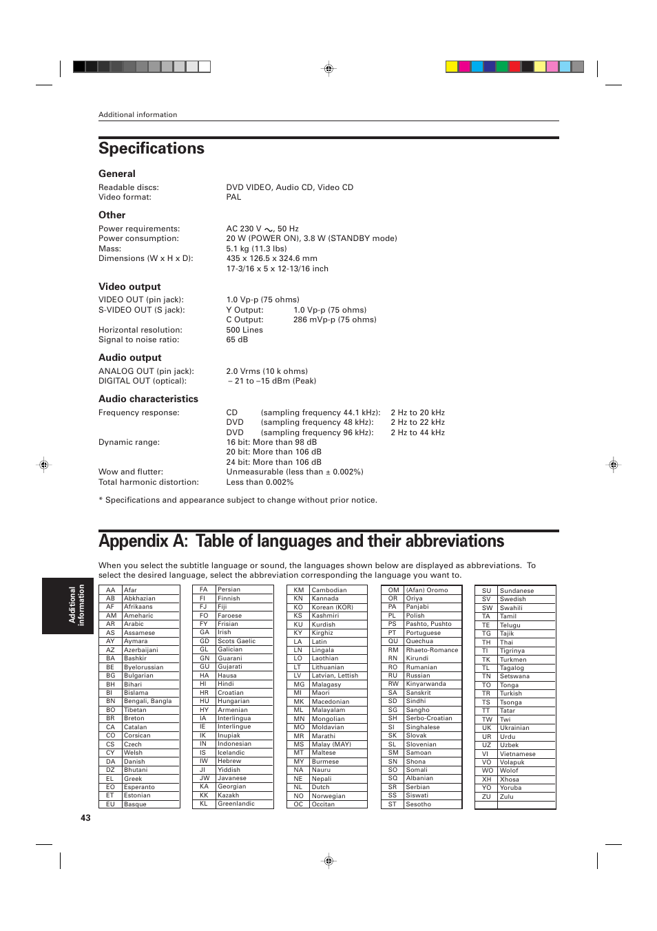 Specifications, General, Other | Video output, Audio output, Audio characteristics | JVC XV-M555BK User Manual | Page 46 / 48
