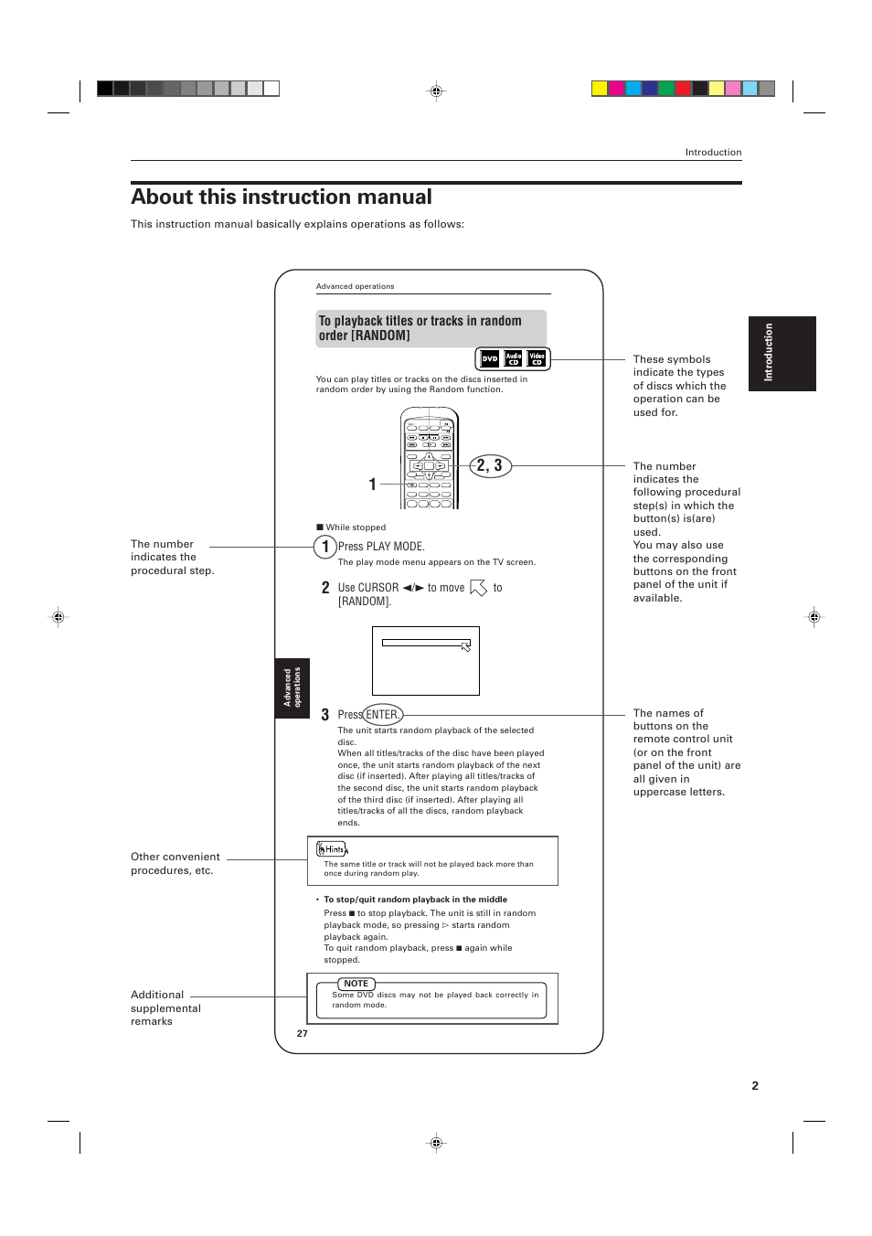 About this instruction manual, Press enter, Press play mode | Use cursor 2/3 to move to [random | JVC XV-M555BK User Manual | Page 5 / 48