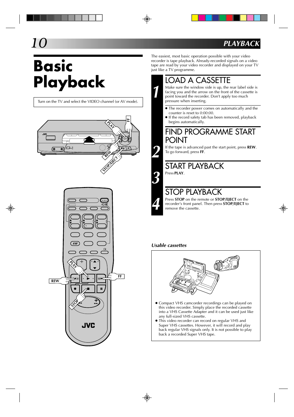 Basic playback, Load a cassette, Find programme start point | Start playback, Stop playback, Playback | JVC HR-J435EA User Manual | Page 10 / 31