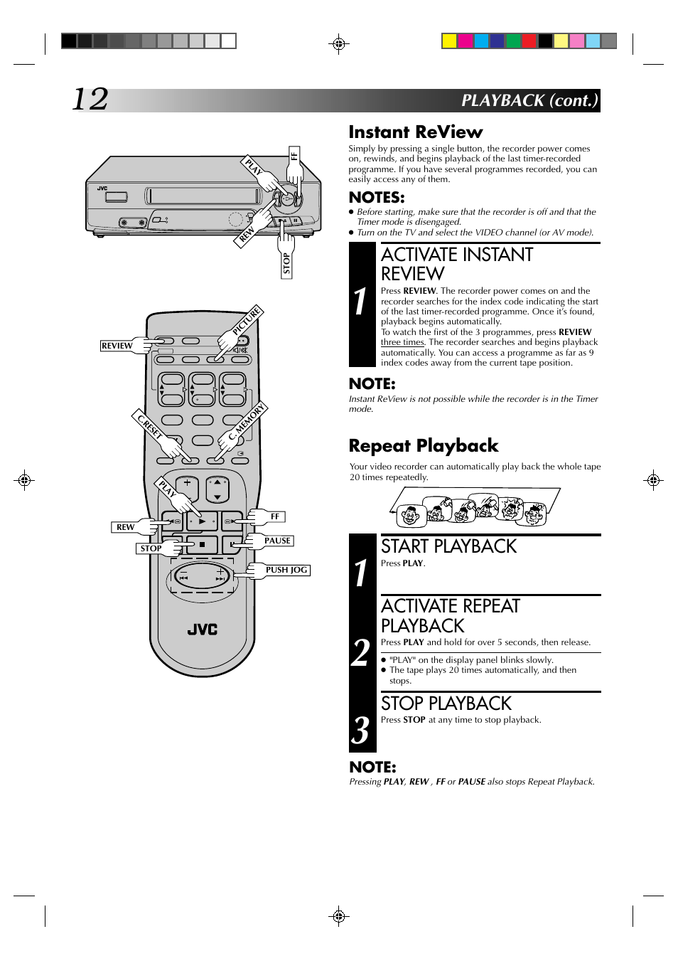 Activate instant review, Start playback, Activate repeat playback | Stop playback, Playback (cont.) instant review, Repeat playback | JVC HR-J435EA User Manual | Page 12 / 31