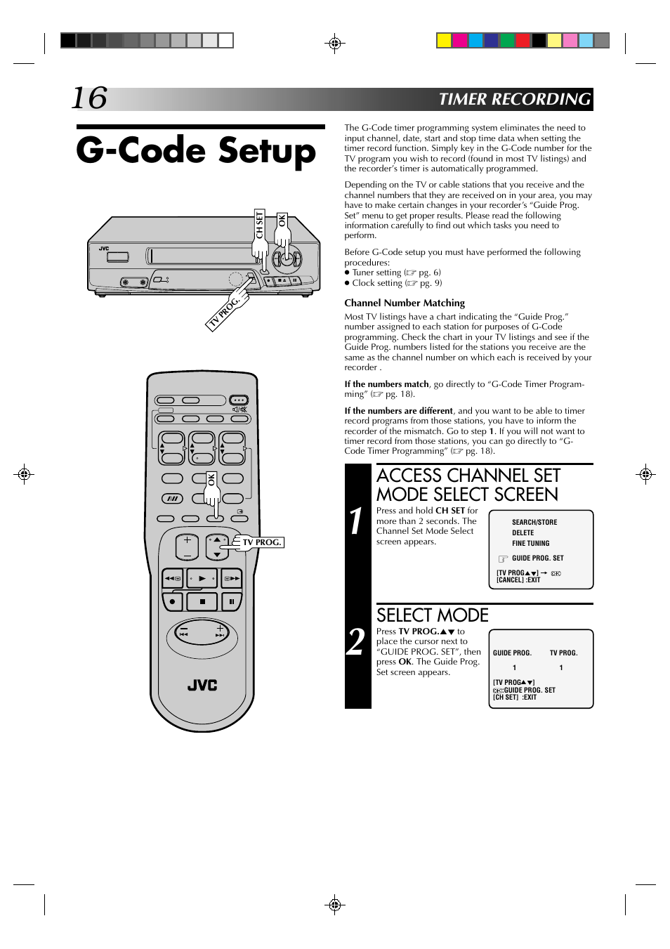 G-code setup, Access channel set mode select screen, Select mode | Timer recording | JVC HR-J435EA User Manual | Page 16 / 31