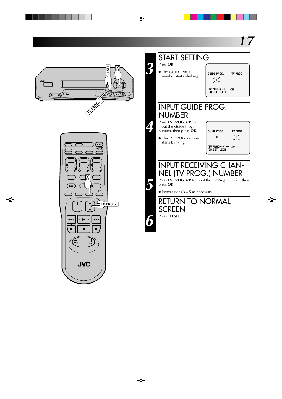 Start setting, Input guide prog. number, Input receiving chan- nel (tv prog.) number | Return to normal screen | JVC HR-J435EA User Manual | Page 17 / 31